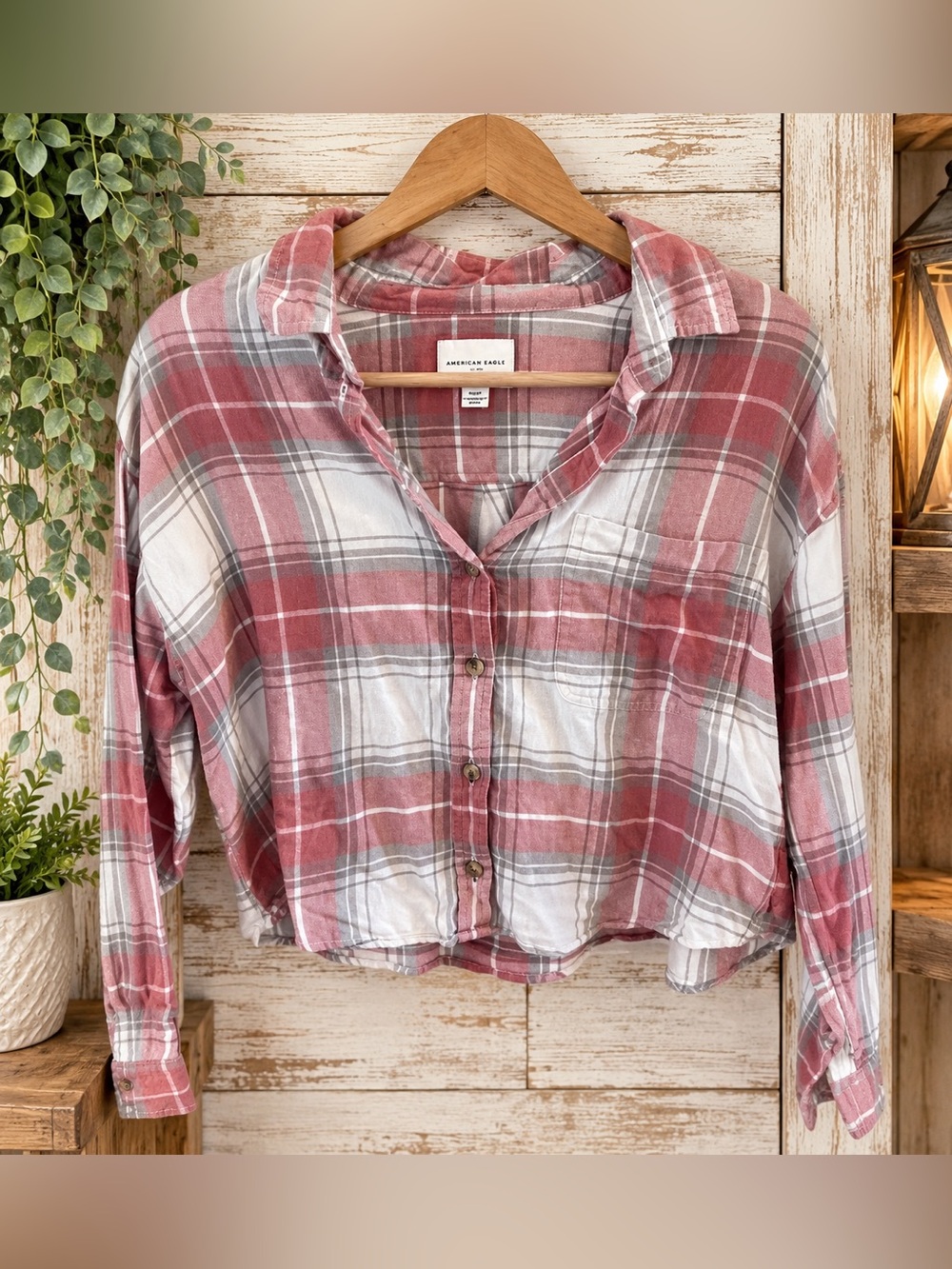 American Eagle Outfitters cropped Rose Plaid Button-Down Shirt